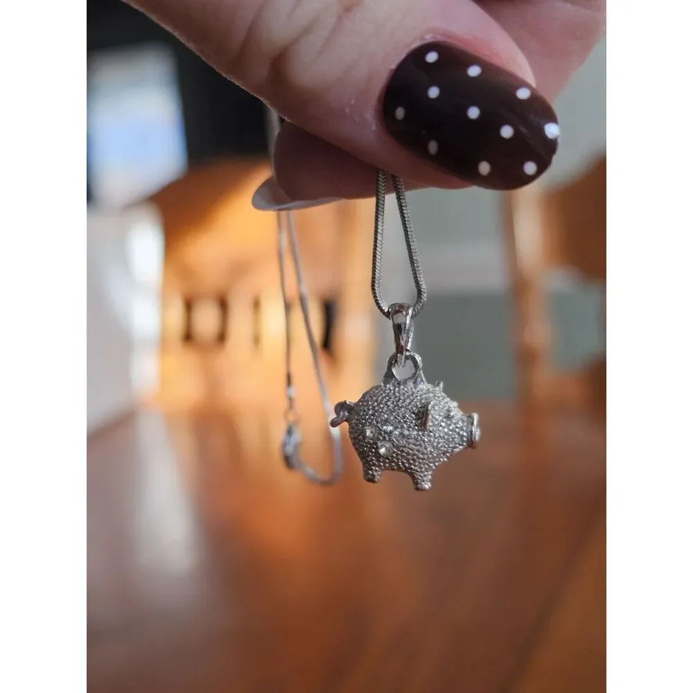 Crystal Gem Cute 3D Pig Necklace, Piggy‎ Lover Charm Piglet Pendant Silver